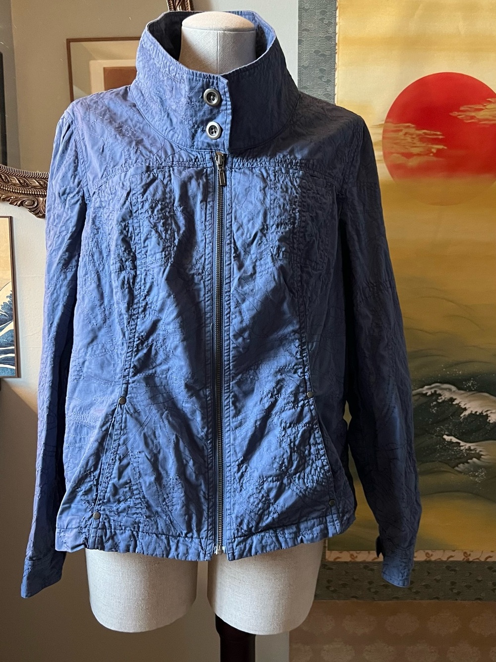 Retro Chic Slate Blue Utility Zip Jacket with Stand Collar